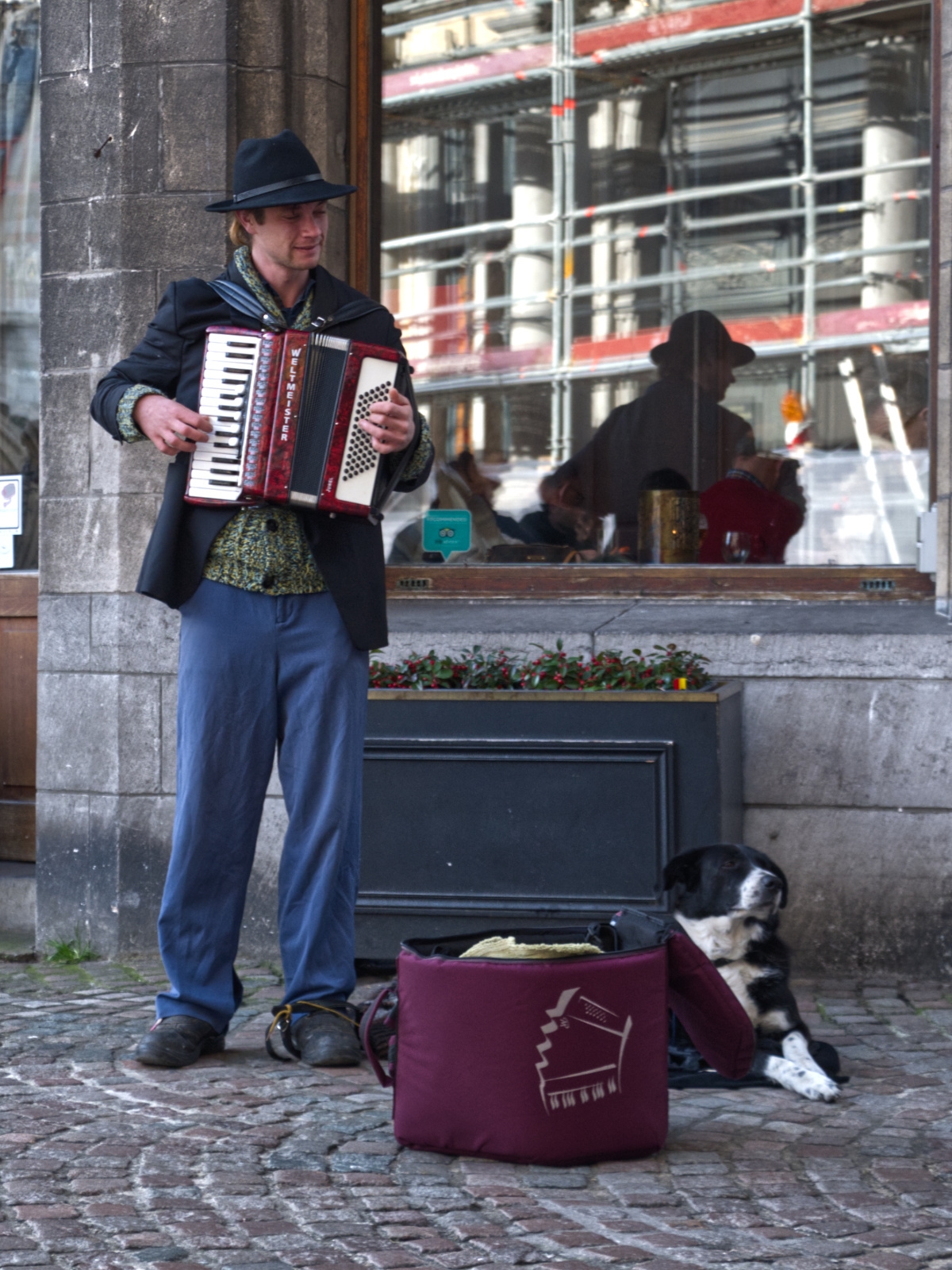 An accordian player and his dog by Bruges City Hall.